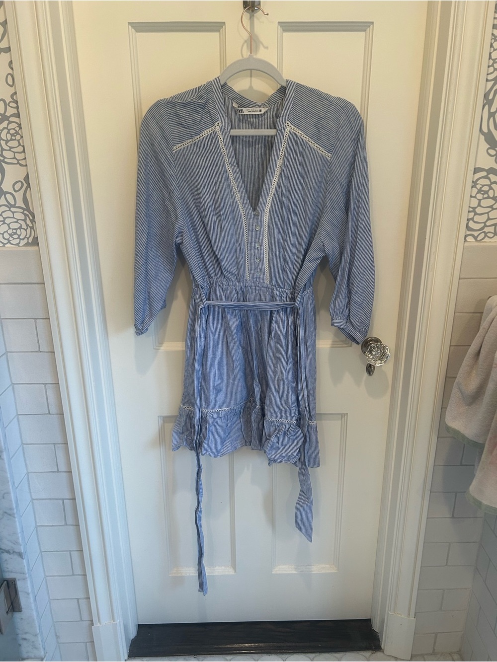 Zara Light Blue Striped V-neck Tie Waist Dress